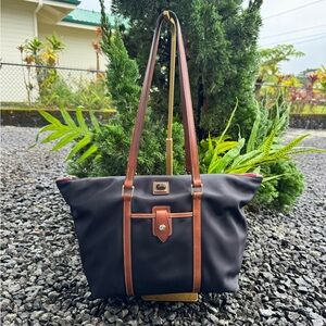 Dooney & Bourke Nylon Tote Shoulder Bag Black Brown Leather Trim Zip Top
